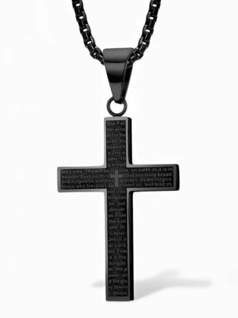 Black Titanium Stainless Steel Cross Pendant Necklace -Our Father Prayer NWT